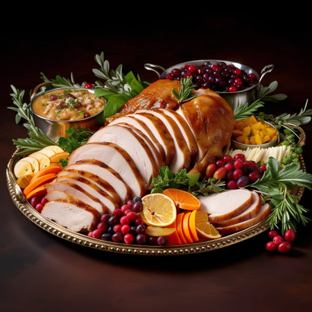 Christmas dinner with turkey, cranberries, oranges and spices on a wooden backgroundの素材