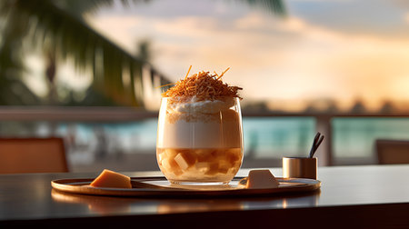 Coffee with ice cream in a glass on the table.の素材