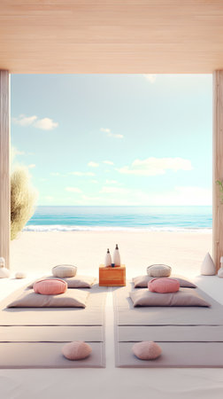 3d render of a luxury beach resort with sea view and blue skyの素材