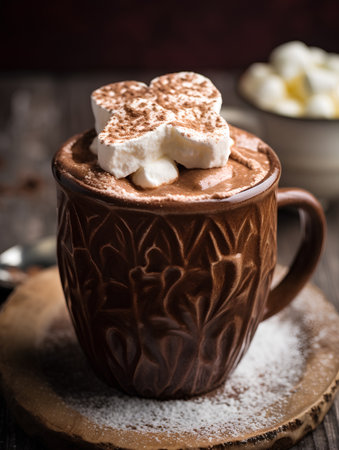 Hot chocolate with whipped cream and cocoa powder on a wooden background. Selective focus.の素材
