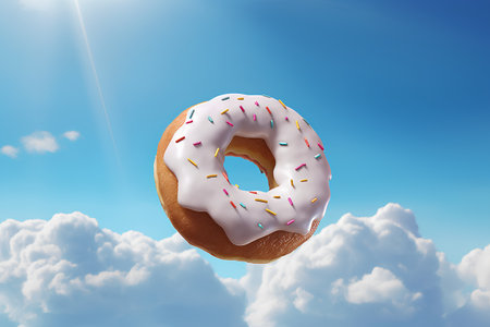 3d illustration of donut flying in the blue sky with cloudsの素材