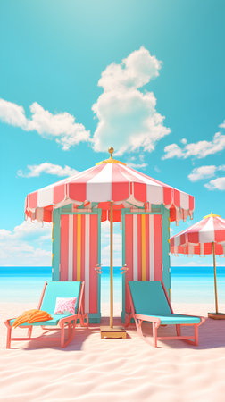 Beach chairs and umbrella on the sandy beach. 3d renderの素材