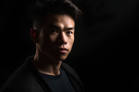 Portrait of a handsome young asian man on black background.の素材