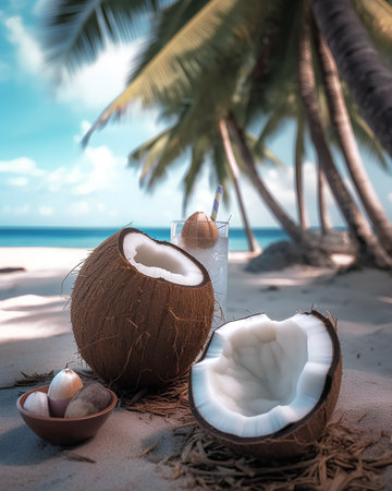 Coconut drink on the beach with palm tree and coconut shellの素材