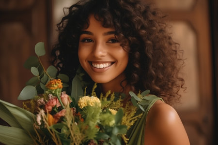 Beautiful young african american woman with bouquet of flowersの素材