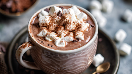 Hot chocolate with marshmallows in a cup, selective focus.の素材