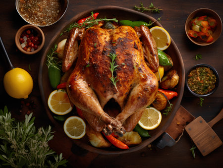 Roasted whole chicken with lemon, herbs and spices on wooden backgroundの素材