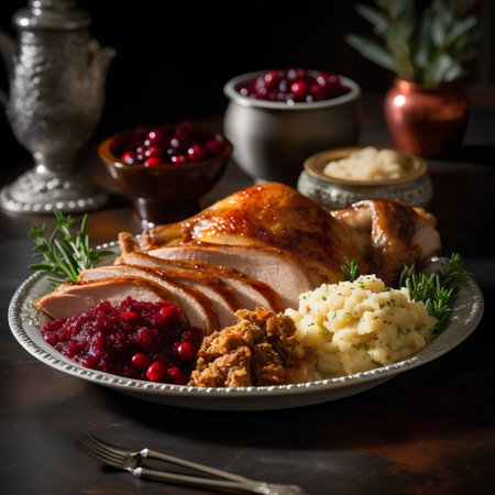 Traditional Christmas turkey with cranberry sauce and mashed potatoes on dark backgroundの素材