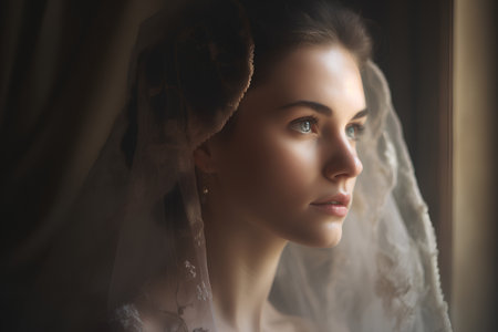 Portrait of a beautiful bride in white veil at the window.の素材