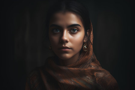 Portrait of a beautiful young woman with brown scarf on dark backgroundの素材