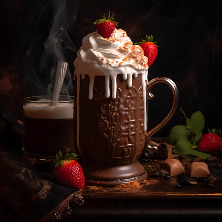 Hot chocolate with whipped cream and fresh strawberries on a dark background.の素材
