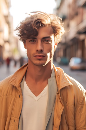 Portrait of a handsome young man in the city. Men's beauty, fashion.の素材