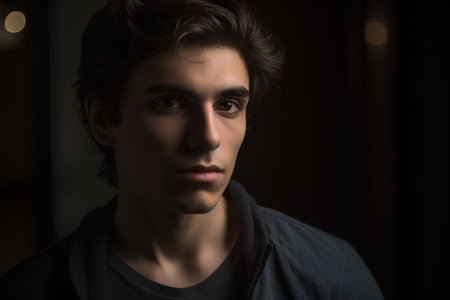 Portrait of a handsome young man in a dark room. Men's beauty, fashion.の素材