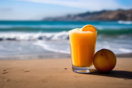 Orange smoothie on the beach with sea background. Selective focus.の素材