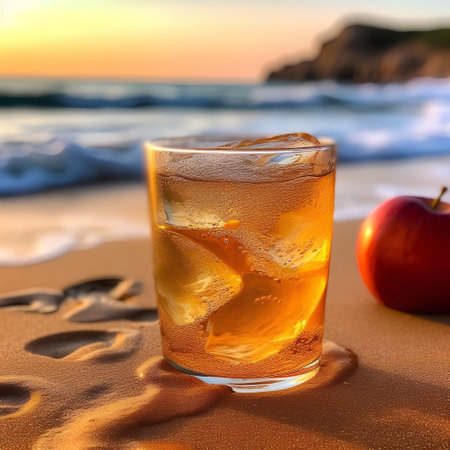 Glass of apple juice with ice cubes on the beach with sea backgroundの素材