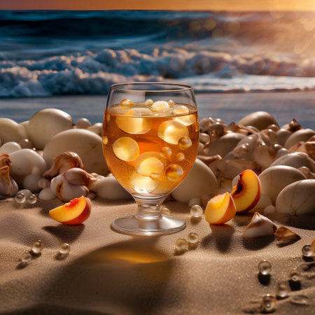 Glass of white wine with ice cubes and peaches on a sandy beach.の素材