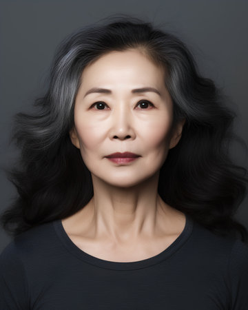 Portrait of beautiful asian woman with long black hair on gray backgroundの素材