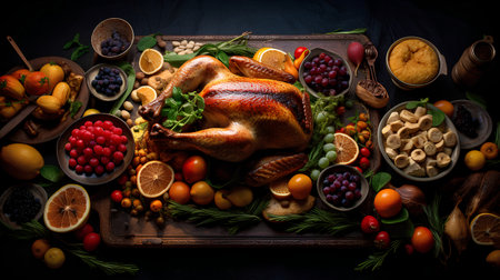 Thanksgiving dinner table with roasted turkey, fruits and vegetables. Top view.の素材