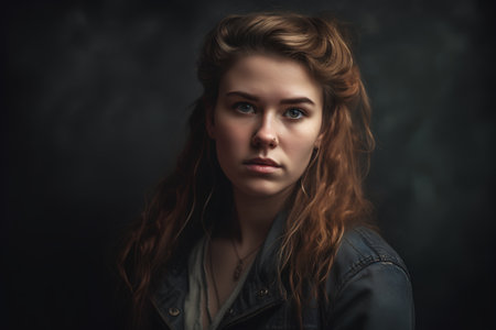 Portrait of a beautiful young woman with long hair on dark backgroundの素材