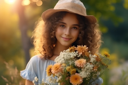 Portrait of a beautiful girl with flowers in a hat at sunsetの素材