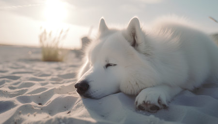 Beautiful siberian husky dog on the beach at sunsetの素材