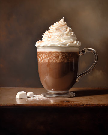Coffee with whipped cream in a glass cup on a brown backgroundの素材