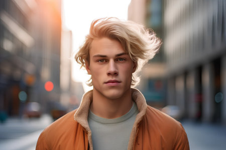 Portrait of a handsome young man with blond hair in an urban contextの素材