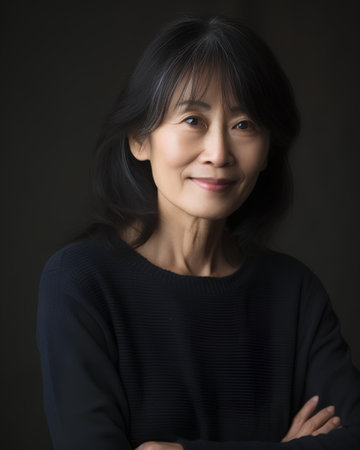 Portrait of mature Asian woman in black sweater on dark background.の素材