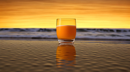 Glass of orange juice on the beach at sunset. 3d renderの素材
