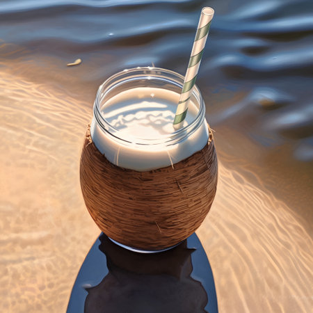 Coconut smoothie in a glass on the beach, 3d renderの素材
