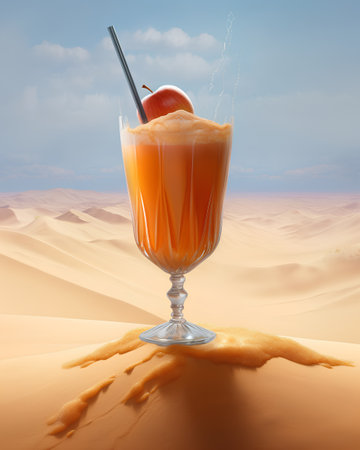 Orange smoothie in glass on sand dunes background. 3d illustrationの素材