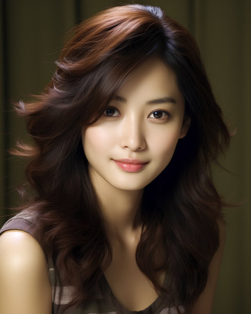 portrait of beautiful asian woman with long brown hair and makeupの素材