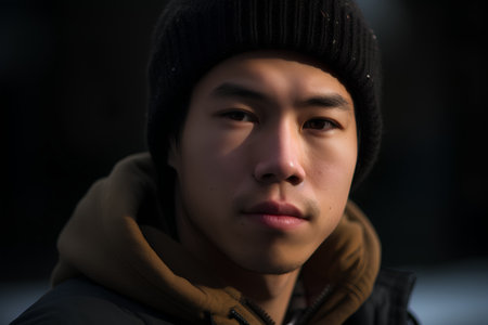 Portrait of a young Asian man in a winter hat and scarfの素材