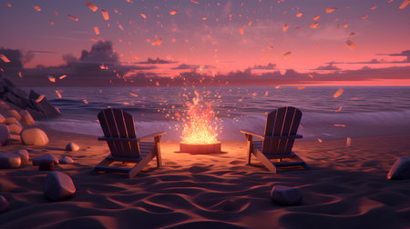 3D render of a beach with a bonfire and two chairsの素材
