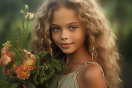 portrait of beautiful girl with a bouquet of flowers in her handsの素材