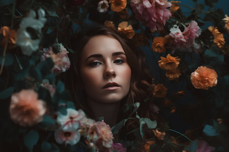 Portrait of a beautiful young woman surrounded by flowers. Beauty, fashion.の素材