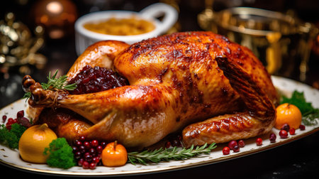 Roasted whole chicken with cranberry sauce on a Christmas table.の素材