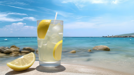 Glass of lemonade on the beach with blue sea and sky backgroundの素材