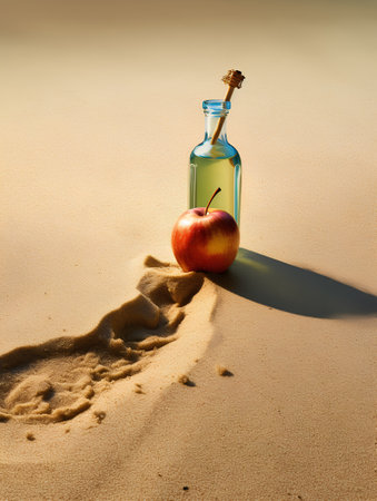 An apple and a bottle of cider on the beach. Conceptual image.の素材