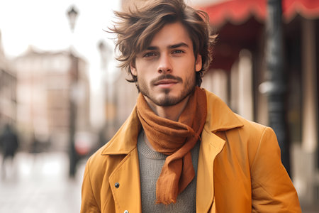 Portrait of a handsome young man in a yellow coat and scarf.の素材