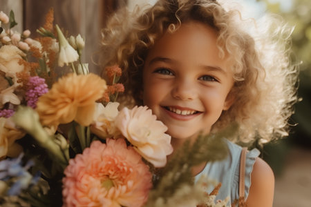 Portrait of a cute little girl with curly hair holding flowers.の素材