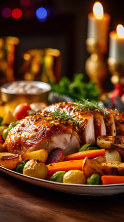 Roast chicken with vegetables on a wooden background. Selective focus.の素材