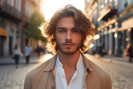 Portrait of a handsome young man in the city. Men's beauty, fashion.の素材