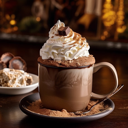 Hot chocolate with whipped cream and cocoa powder on a dark wooden tableの素材