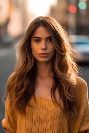 Portrait of a beautiful young woman with long brown hair in a yellow sweaterの素材