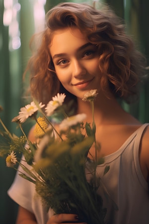Portrait of beautiful young woman with bouquet of daisiesの素材