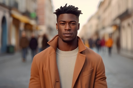 Portrait of young african american man in coat on the streetの素材