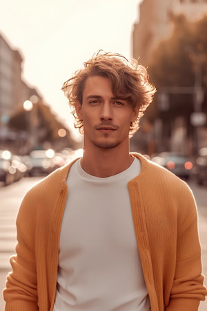 Handsome young man with blond curly hair in an urban contextの素材