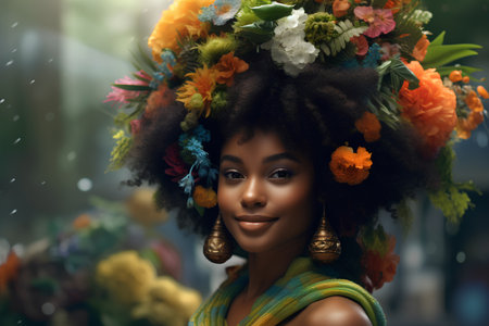 Beautiful african american woman with afro hairstyle and flowers in her hairの素材