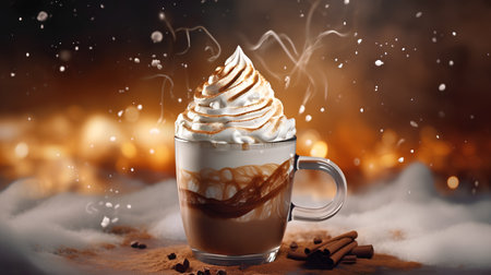 Hot chocolate with whipped cream and cinnamon on snow. Christmas or New Year backgroundの素材